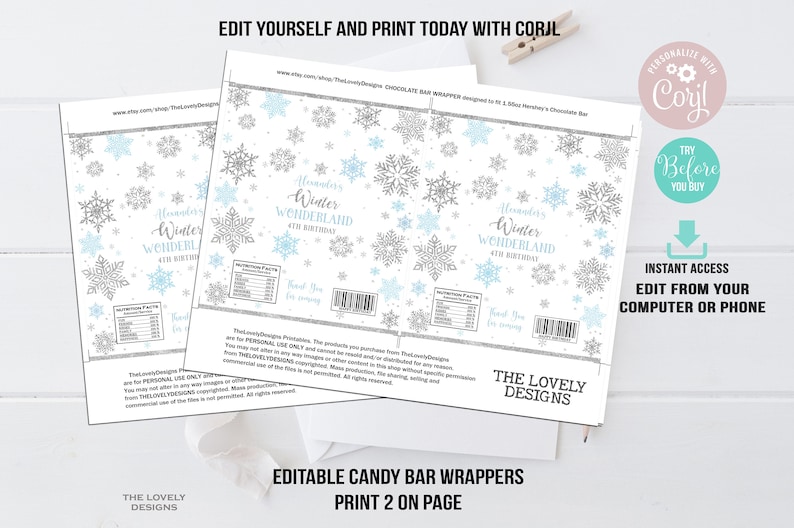 May include: Printable digital download of two editable candy bar wrappers featuring a winter wonderland theme with snowflakes and the text "Alexander's Winter Wonderland 4th Birthday".
