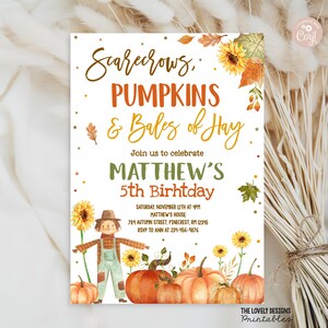 Pu&ograve; includere: Un invito stampabile per una festa di compleanno di 5 anni a tema autunnale. L'invito presenta uno spaventapasseri, zucche e balle di fieno. Il testo sull'invito recita: "Scarecrows, Pumpkins & Bales of Hay. Join us to celebrate Matthew's 5th Birthday. Saturday, November 12th at 4pm. Matthew's House. 789 Autumn Street, Pinecrest, RM 12345. RSVP to Ann at 234-456-9876."