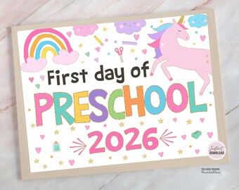 Unicorn First Day of Preschool Sign, Girl Modern Unicorn First Day of Preschool Sign INSTANT DOWNLOAD Sign Chalkboard Photo Prop PRINTABLE