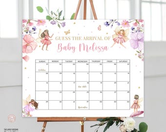 May include: A printable baby shower game with a pink floral design and a calendar for guests to guess the baby's arrival date. The text reads "Guess the arrival of Baby Melissa".