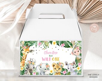 BEWERKBARE Jungle Wild One Gable Box Label Geschenkdoos Label Afdrukbare Jungle Girl 1e verjaardag Safaridieren Treat Box Label AFDRUKBARE DOWNLOAD