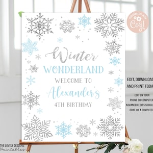 Editable Winter Wonderland Welcome Sign Snowflakes Blue and Silver Welcome Sign Winter Birthday Party Sign Poster PRINTABLE DOWNLOAD SWB4