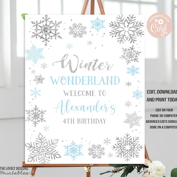 Editable Winter Wonderland Welcome Sign Snowflakes Blue and Silver Welcome Sign Winter Birthday Party Sign Poster PRINTABLE DOWNLOAD SWB4