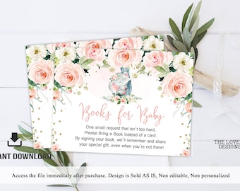 Karty do wkładki dla niemowląt z motywem słoni, do wydrukowania, na baby shower ze słoniami, dżungla, przynieś książkę, zwierzęta safari, karty do natychmiastowego pobrania