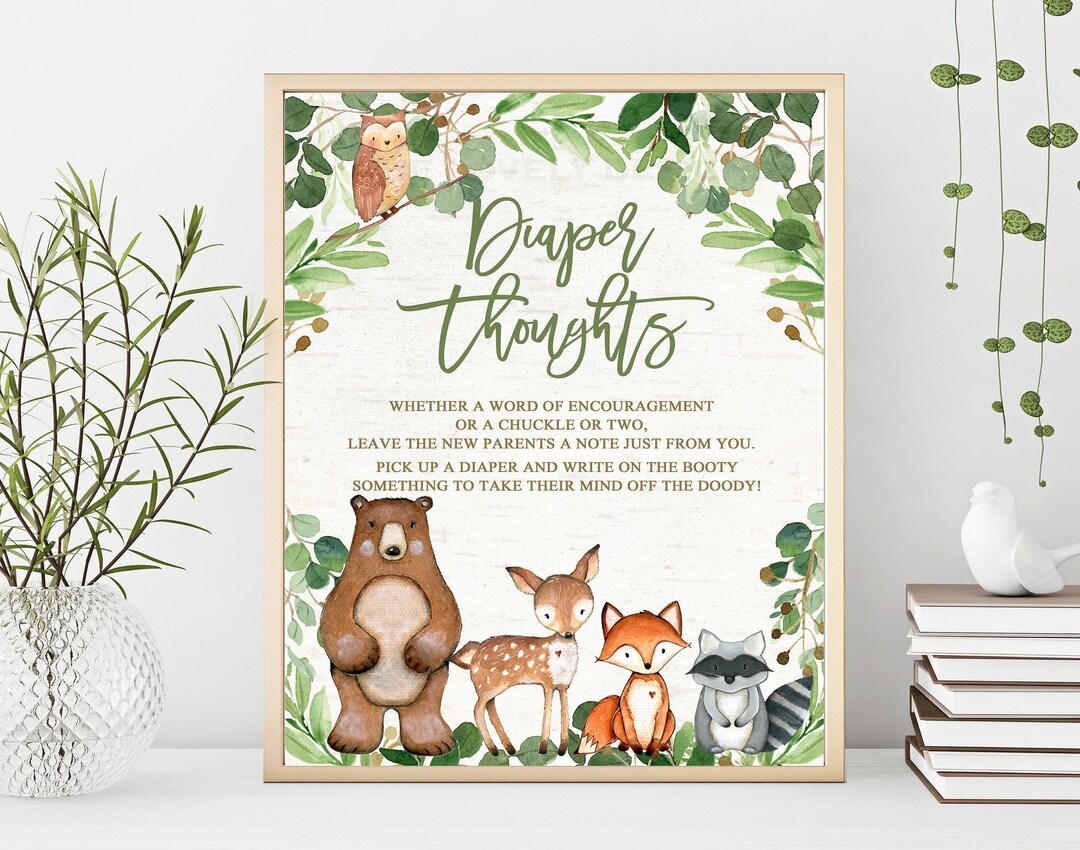Woodland Diaper Thoughts Baby Shower Game Sign Printable, Woodland ...