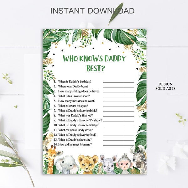 Jungle Who Knows Daddy Best Game Jungle Boy Baby Shower Game Greenery Neutral Safari Animals Baby Shower Activity Digital INSTANT DOWNLOAD