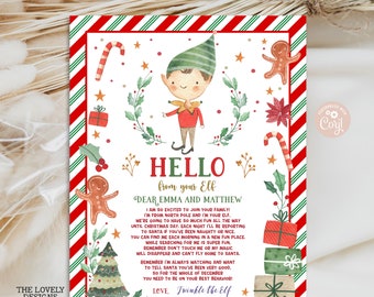 May include: A printable Christmas elf arrival announcement card with a watercolor illustration of an elf with a red and green striped border. The text reads "Hello from your Elf Dear Emma and Matthew I am so excited to join your family! I'm from North Pole and I'm your elf. We're going to have so much fun all the way until Christmas Day. Each night I'll be reporting to Santa if you've been naughty or nice. You can find me each morning in a new fun place. While searching for me is super fun, remember don't touch me or my magic will disappear and can't fly home to Santa. Remember I'm always watching and want to tell Santa you've been very good. So for the whole of December you need to be on your best behavior! Love. Twinkle the Elf Date of Arrival Dec. Still 2023"