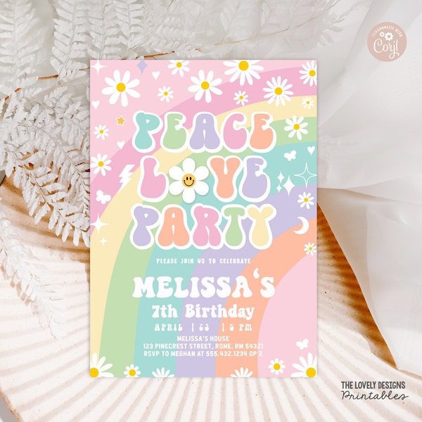 EDITABLE Daisy Peace Love Party Invitation Groovy Birthday Invitation Rainbow Pink Purple Mint Hippie 70s Party Vibe PRINTABLE DOWNLOAD GRP8