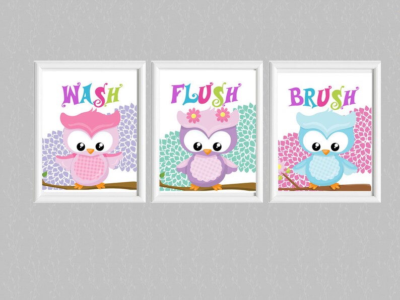 Owl Bathroom Set 3 Bath Rules Flushbrush Washowl Bath Etsy
