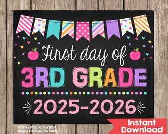 Mädchen ersten Tag der dritten Klasse Zeichen, erster Tag der dritten Schulzeichen Zeichen, zurück in die Schule Tafel Zeichen druckbare Datei Foto Prop Sofort-Download