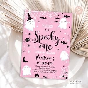 Spooky One Halloween Pink Ghost Birthday Invitation Spooky Ghost Cute Spooktacular Halloween Party Invite Editable PRINTABLE DOWNLOAD HPB14