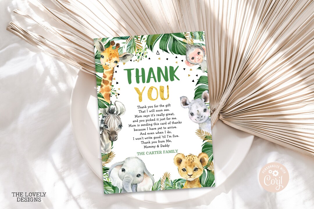 EDITABLE Jungle Thank You Card Jungle Baby Shower Cards Jungle Boy