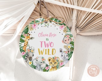 Two Wild Birthday Tag: Jungle Animals, Editable Favor Tags (Printable Download)
