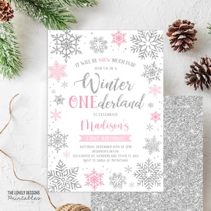 EDITABLE Winter ONEderland Invitation Girl Winter 1st Birthday Invitation Snowflakes Hot pink Winter Wonderland PRINTABLE DOWNLOAD SWH5