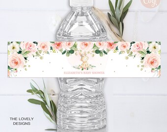May include: Water bottle label with a pink floral design and a cute bunny illustration. The label says "Elizabeth's Baby Shower".