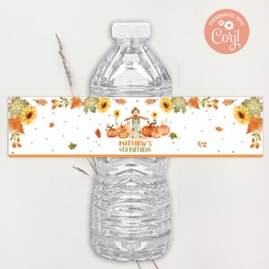 EDITIERBARE Kürbis Wasserflasche Label Kürbis Vogelscheuche Geburtstag Party Kürbis Patch Herbst Vogelscheuche Sonnenblumen Herbst Label DRUCKBARE DOWNLOAD