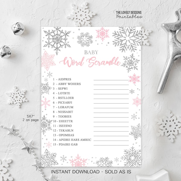 Winter Word Scramble Game Winter Baby Shower Games Snowflakes Pink and Silver Games Printable Winter Wonderland Card INSTANT DOWNLOAD SWP2