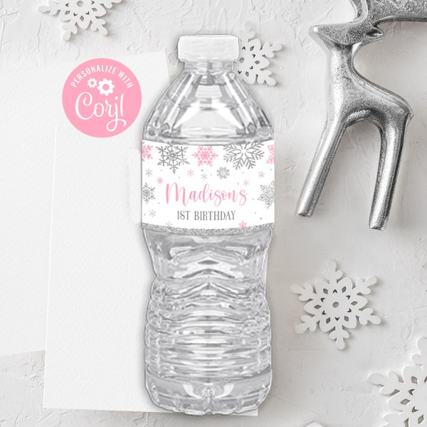 EDITABLE Winter Water Bottle Label Winter Birthday Labels Snowflakes Pink Winter Party Winter Wonderland Bottle Labels PRINTABLE DOWNLOAD