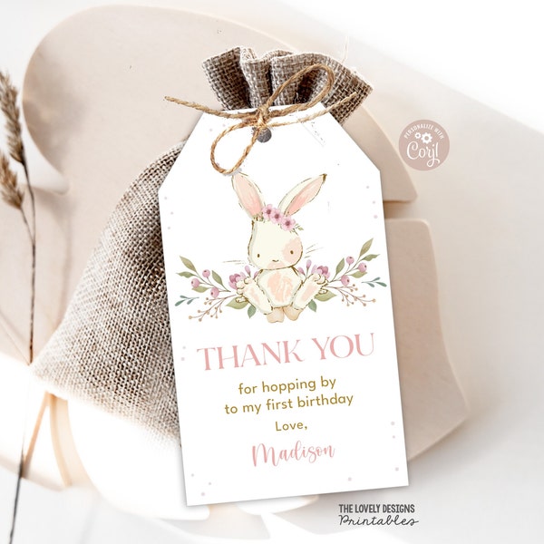 EDITABLE Bunny Favor Tag Bunny Birthday Tag Pink Floral Spring Rabbit Easter Thank You For Hopping by to Birthday PRINTABLE DOWNLOAD SBF7