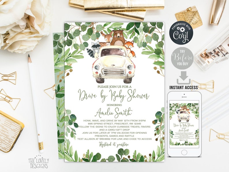 Editable Drive by Baby Shower Invitation Woodland Drive Etsy