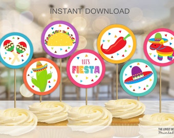 Fiesta Piñata Cupcake Toppers Pinata Fiesta Girl Birthday Circles Decor Printable Mexican Cinco de Mayo Dessert Table DIY INSTANT DOWNLOAD