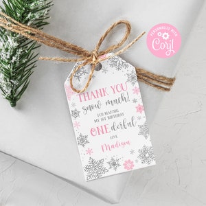 EDITABLE Winter ONEderland Favor Tag Winter 1st Birthday Snow Much Gift Tag Winter Wonderland Snowflakes Pink Silver PRINTABLE DOWNLOAD SWP2