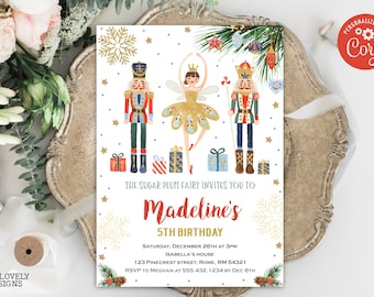 May include: A white invitation card with a red and gold snowflake design. The card features a cartoon illustration of a sugar plum fairy and two nutcracker soldiers. The text on the card reads "The Sugar Plum Fairy Invites You To Madeline's 5th Birthday".