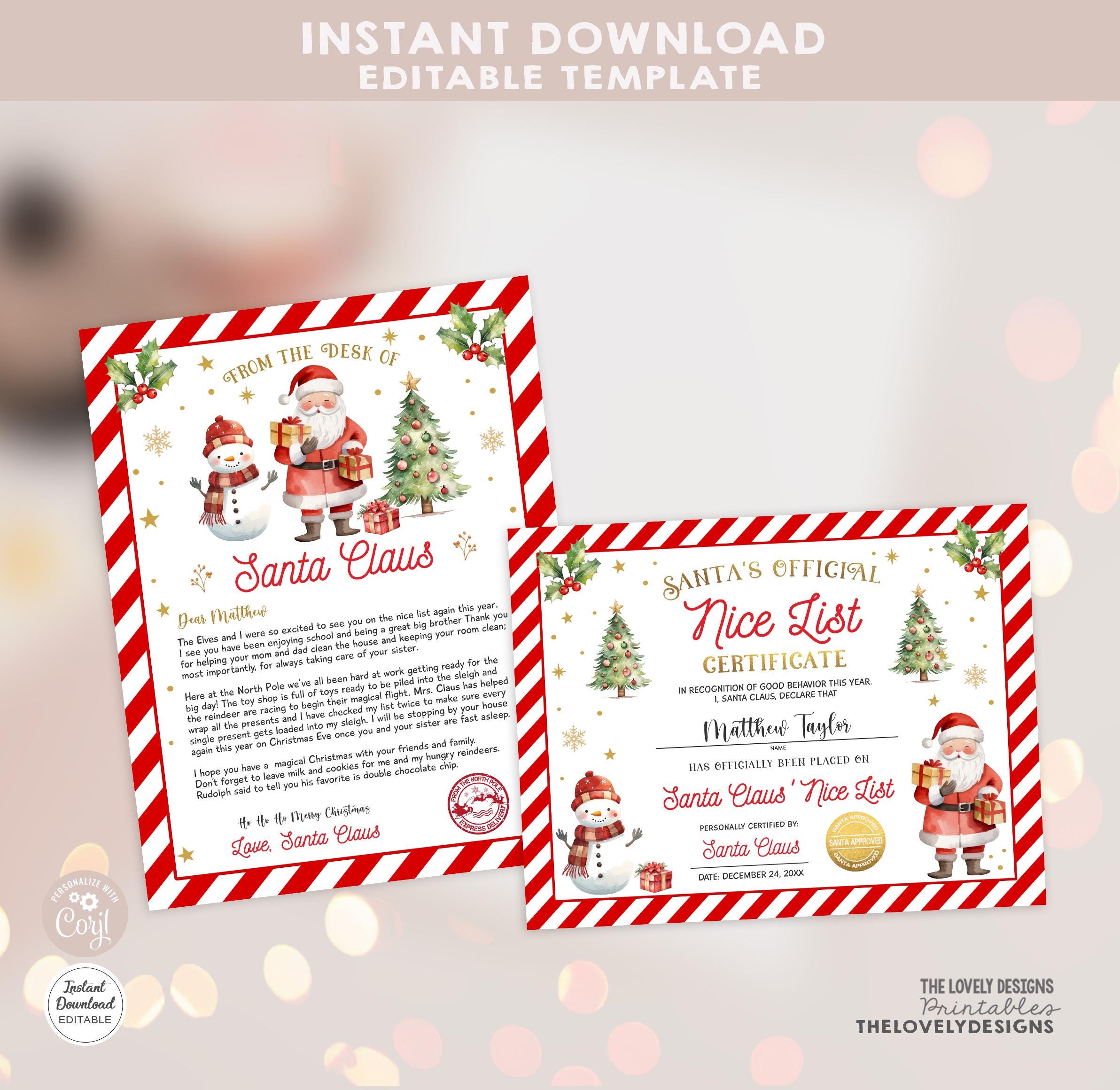 Editable Official Letter From Santa Claus and Nice List Certificate ...