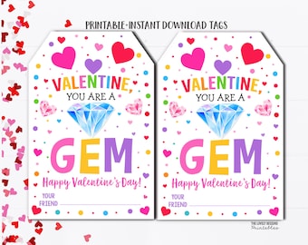 Etiqueta de San Valentín con gemas, etiqueta imprimible para el Día de San Valentín con forma de gema, tarjeta de San Valentín con forma de anillo, etiquetas imprimibles para el aula, descarga instantánea para niños