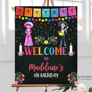 Letrero de bienvenida con forma de calavera de azúcar para fiesta de Halloween, editable, para cumpleaños, Día de los Muertos, para fiesta de Halloween, letrero de pizarra para imprimir y descargar
