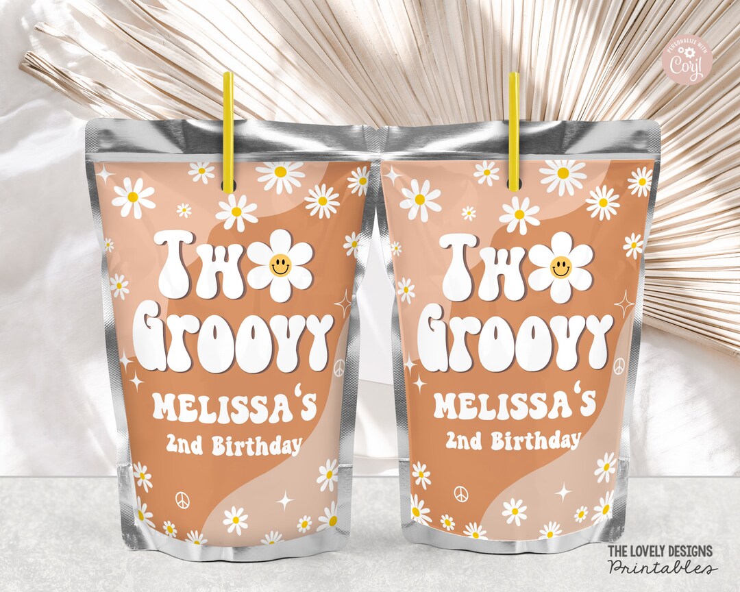 EDITABLE Two Groovy Juice Pouch Label Groovy 2nd Birthday Juice Label