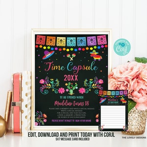 Editable Fiesta Time Capsule Sign Matching Note Cards Fiesta Birthday Party, Mexican, 1st Birthday Time Capsule Printable INSTANT DOWNLOAD