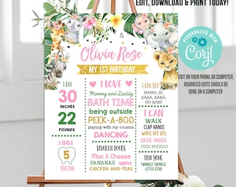 Puede incluir: Un póster imprimible rosa y verde con temática de la jungla para un primer cumpleaños. El póster presenta el nombre de una niña, "Olivia Rose", y detalles sobre su primer año, incluyendo su altura, peso y actividades favoritas. El póster está decorado con animales de la jungla, flores y confeti.