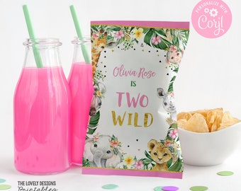 EDITABLE Two Wild Chip Bag Wrapper Jungle Girl 2nd Birthday Chip Bag Favors Safari Animals Jungle Party Favors Bags PRINTABLE DOWNLOAD JSG5