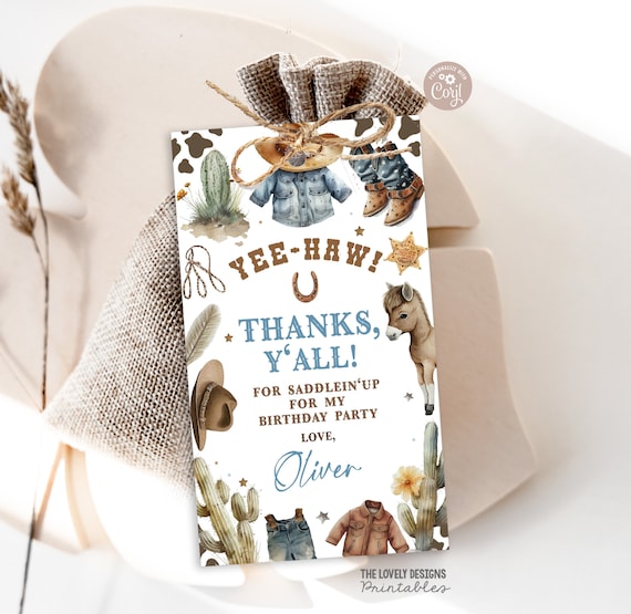 Cowboy Birthday Thank You Tag Editable Cowboy Yee Haw Gift 