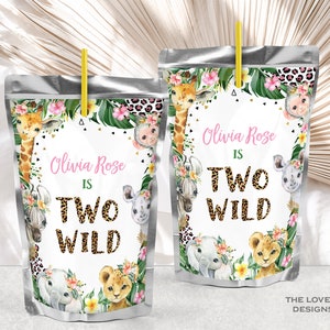 EDITABLE Two Wild Juice Pouch Label Leopard Print 2nd Birthday Born Two Wild Safari Animals Juice Bag Labels PRINTABLE DOWNLOAD JLP3