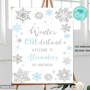 Winter ONEderland Welcome Sign: Blue Silver Snowflakes (Printable Download)