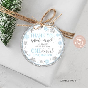 EDITABLE Winter ONEderland Gift Tags 2.5" Winter Birthday Snow Much Favor Thank You Tag Snowflakes Blue Circle Tags PRINTABLE DOWNLOAD SWB4