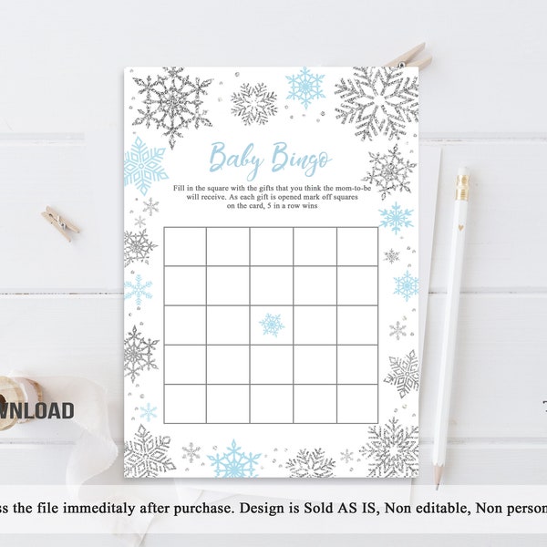 Winter Baby Bingo Game Winter Baby Shower Snowflakes Blue and Silver Game Printable Winter Wonderland Shower Activity INSTANT DOWNLOAD SWB4