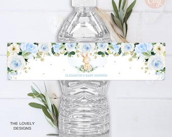 May include: Water bottle label with a blue and white floral design, a small bunny illustration, and the text "Elizabeth's Baby Shower".