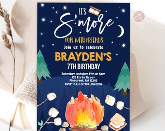 May include: A blue and white invitation with a campfire and s'mores theme. It's S'more Fun with Friends. Join us to celebrate Brayden's 7th Birthday. Saturday, October 19th at 6pm. 123 Party Street, Pinecrest, RM 12345. RSVP to Liz at 987.654.1234.