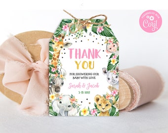 Editable Jungle Gift Tag Baby Shower Safari Animals Tag Jungle Favor Tags Jungle Zoo Animals Thank You Tag Jungle Girl PRINTABLE DOWNLOAD