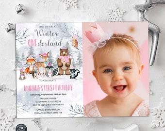 EDITABLE Woodland Winter Onederland Photo Birthday Invitation Woodland Girl 1st Birthday Party Winter Woodland Animals PRINTABLE DOWNLOAD