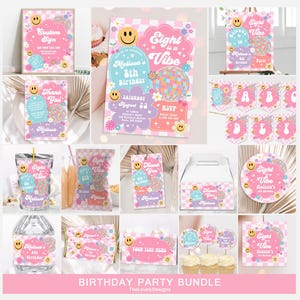 Editable Smile Face Birthday Invitation Bundle Any AGE Checkered Retro Groovy Birthday Package Emoji Hippie Disco Party PRINTABLE DOWNLOAD