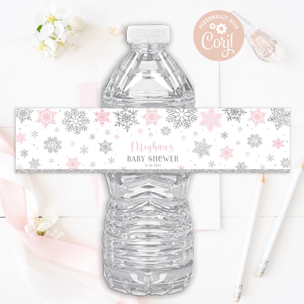 EDITABLE Winter Water Bottle Label Winter Baby Shower Labels Winter Snowflakes Pink and Silver Winter Wonderland Labels PRINTABLE DOWNLOAD