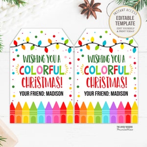 Etiqueta de presente de Natal colorida EDITÁVEL Desejando a você um presente de Natal colorido Livro de colorir para presente de giz de cera Sala de aula Pré-escola Meia de Natal para impressão BAIXAR