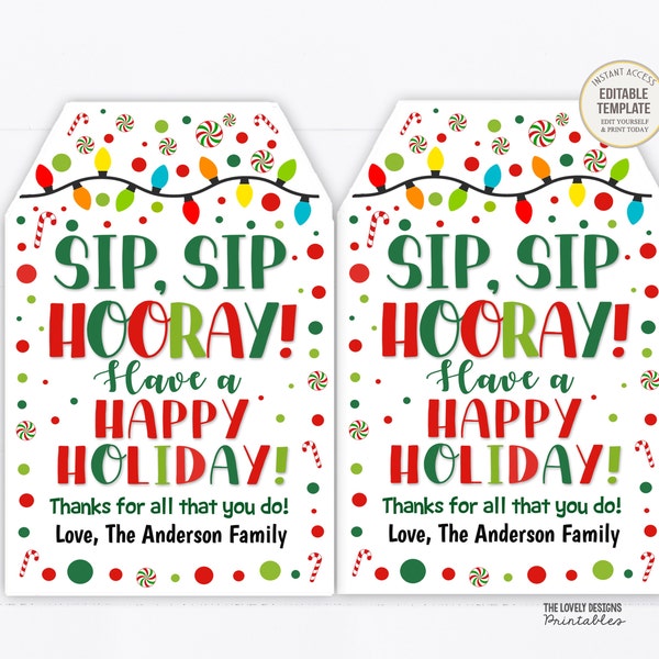 Christmas Soda Gift Tags Sip Sip Hooray Have a Happy Holiday Thank you Tag Co-Worker Staff Teacher Appreciation Wine Beer Drink Spirits