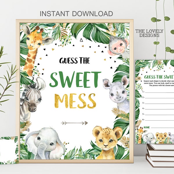 Jungle Guess the Sweet Mess Sign Jungle Baby Shower Game Jungle Boy Diaper Candy Bar Sign Neutral Safari Animals Printable INSTANT DOWNLOAD