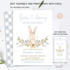 Bunny Boy Baby Shower Invitation Some Bunny is on the Way Easter Blue Floral Spring Rabbit Invitation PRINTABLE EDITABLE DOWNLOAD BF1 image 3
