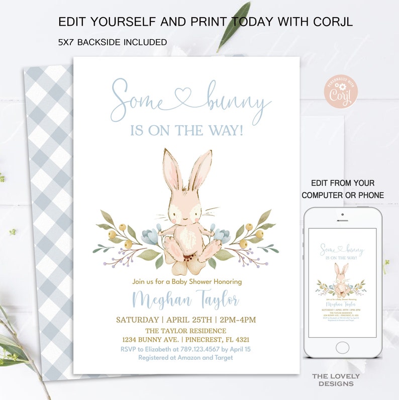 Bunny Boy Baby Shower Invitation Some Bunny is on the Way Easter Blue Floral Spring Rabbit Invitation PRINTABLE EDITABLE DOWNLOAD BF1 image 3